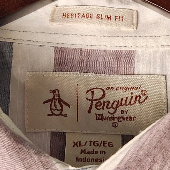 Original Penguin Heritage Slim Fit Shirt Mens Large Blue Burgundy Striped SS - Picture 5 of 6